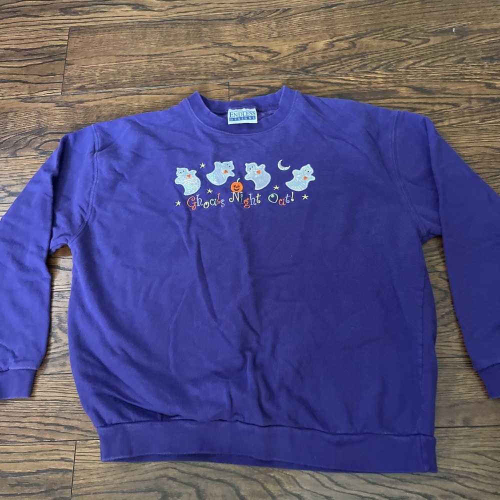 Vintage 90s Halloween Ghouls Night Out Ghost Sweatshirt Womens Large Purple